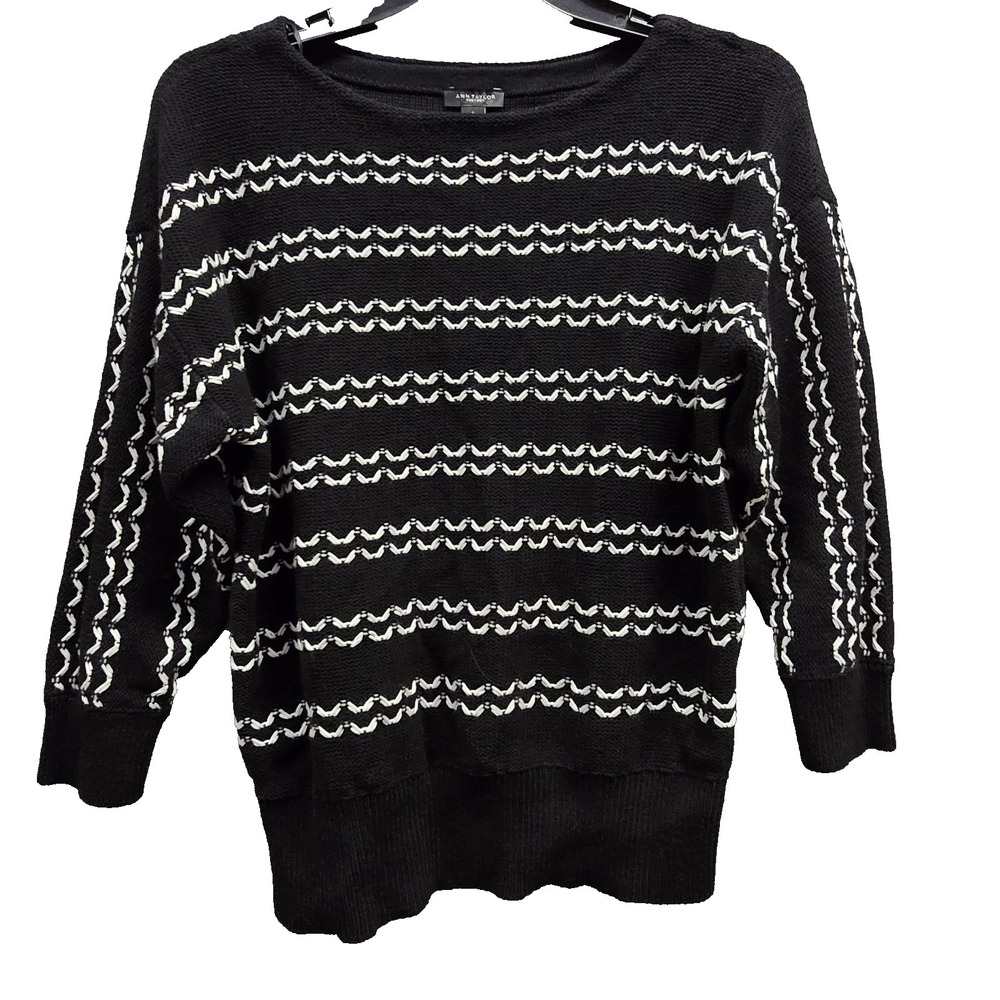 Ann Taylor Women Small Sweater 100% Cotton Black White Knit Pullover Cozy Casual